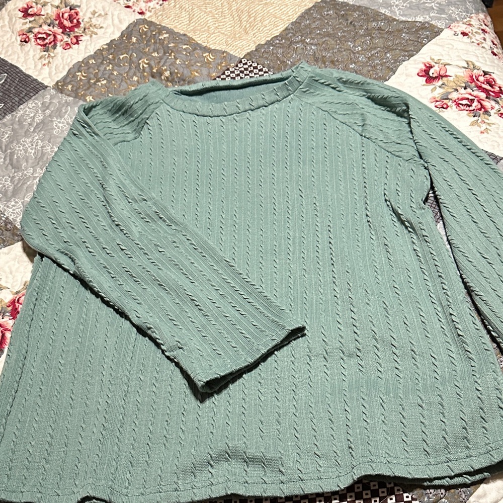 Green Textured Long Sleeve Top